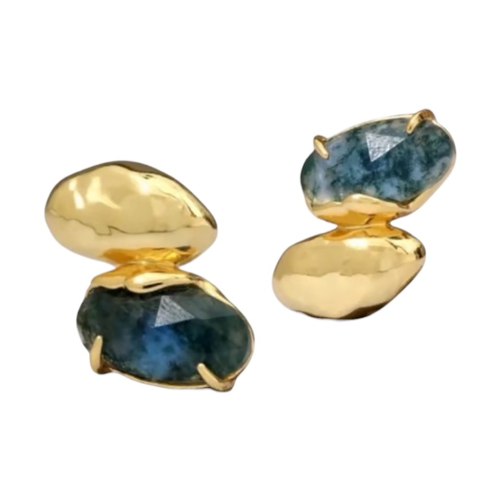 ALEXIS BITTAR Brut Blue Moss Agate Mismatch Earrings in Gold; Signed - NEW - Picture 6 of 7